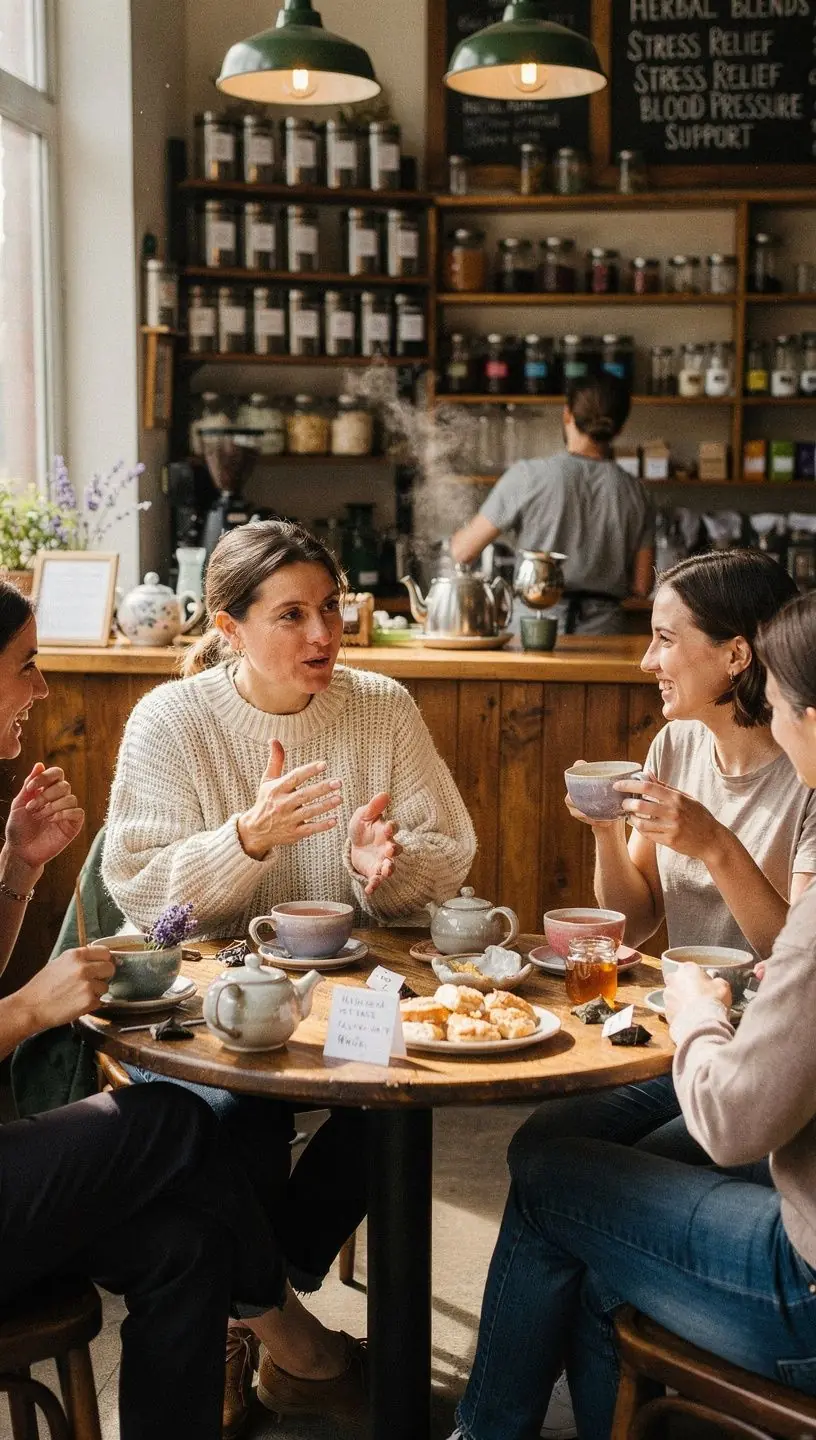 Egy reggeli tea készítése, friss fűszernövényekkel díszítve.