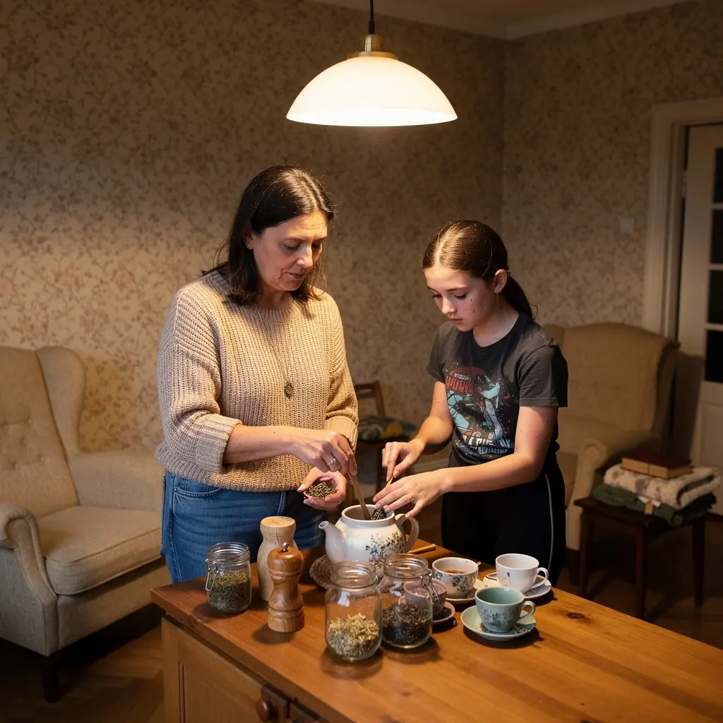 Tea szett, amely tartalmaz egy teáskannát és csészéket, elegáns stílusban.